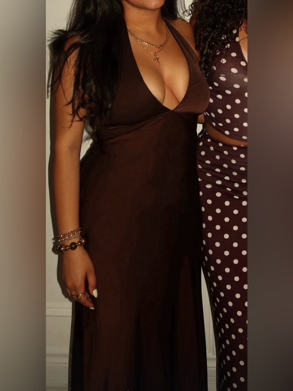 Brown V-Neck Slip Dress - nightscape satin halter dress